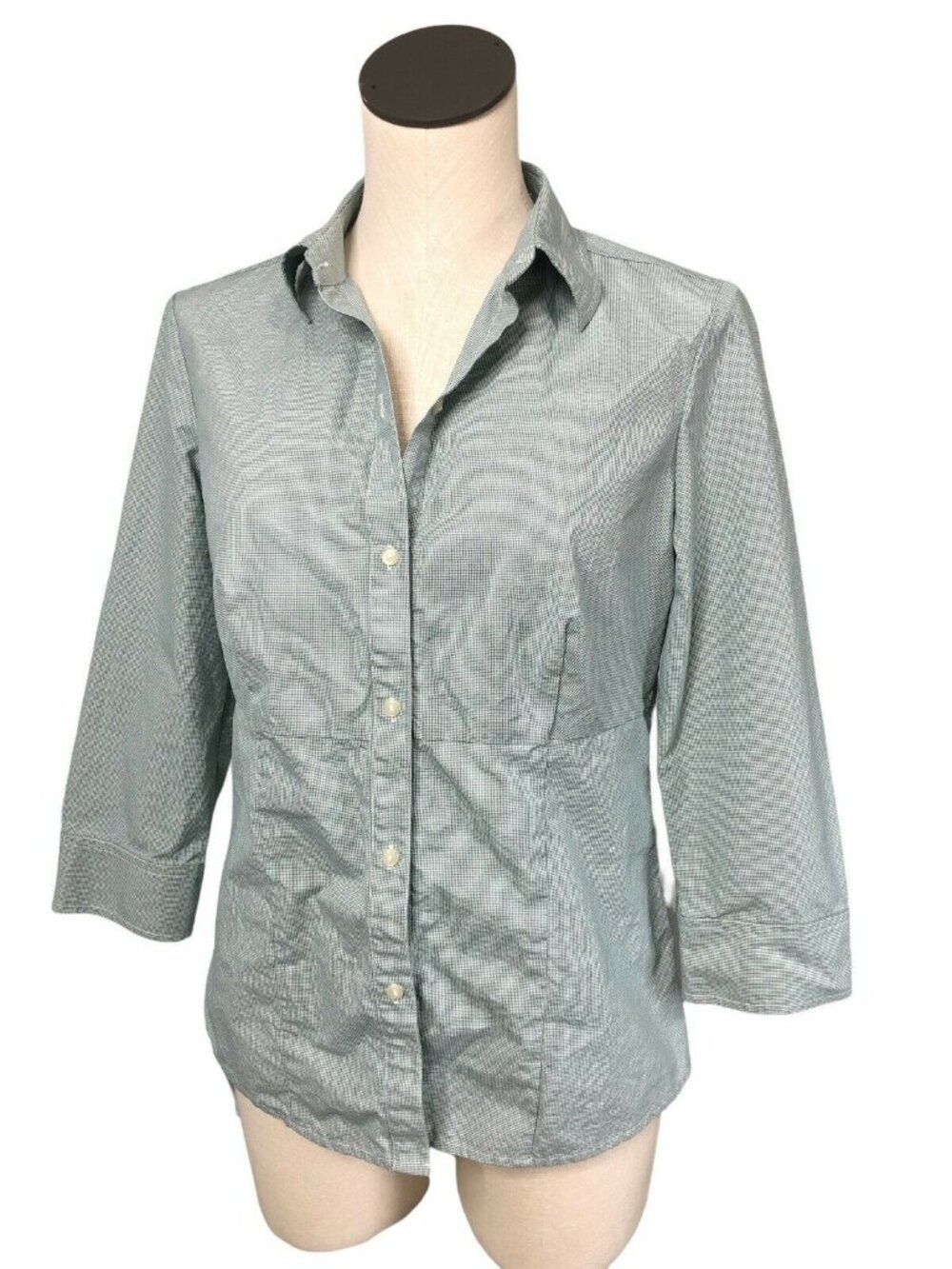 Liz Claiborne Button Down Blouse Shirt Top 3/4 Sleeves Womens M Green Checked Wo